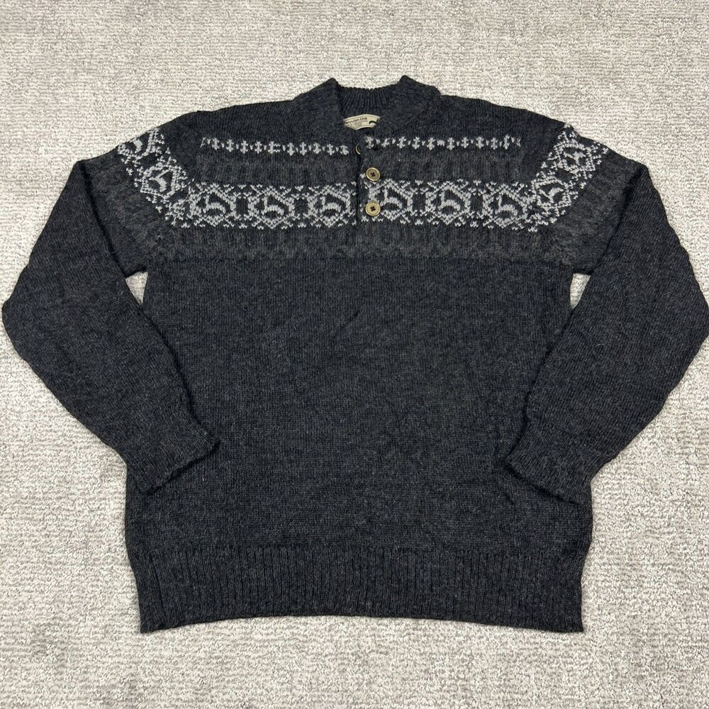 Alpaca Sweater Mens Large Fair Isle Peruvian Link 1/4 Button Peru Charcoal Gray